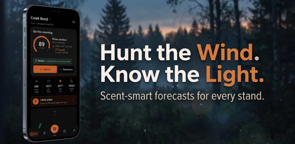 HuntCast on a phone in a dark forest at dawn. The screen shows Creek Bend, go this morning, and a hunt score of 89. Beside it: Hunt the Wind. Know the Light. Scent-smart forecasts for every stand.
