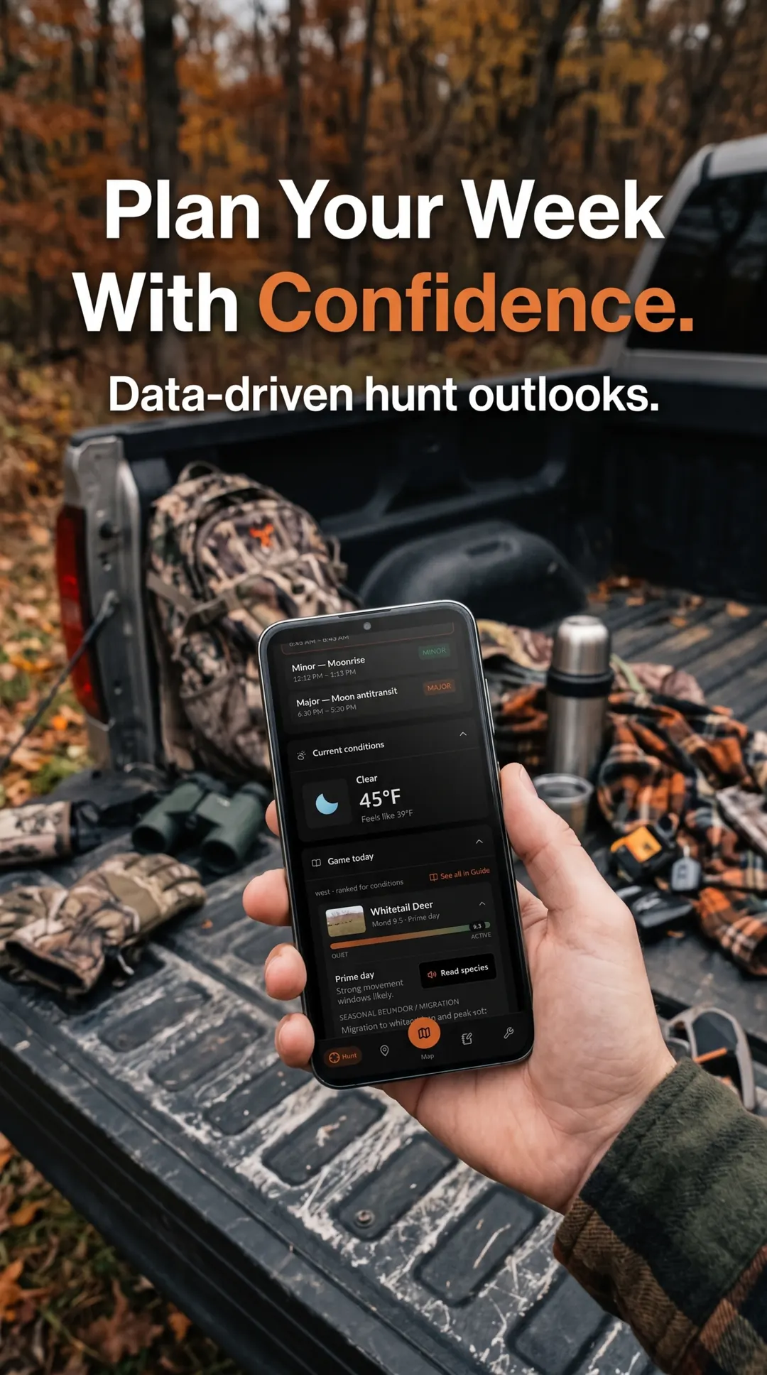 HuntCast over a truck tailgate with hunting gear. Screen shows major and minor moon windows, 45 degrees, and whitetail deer as game today.