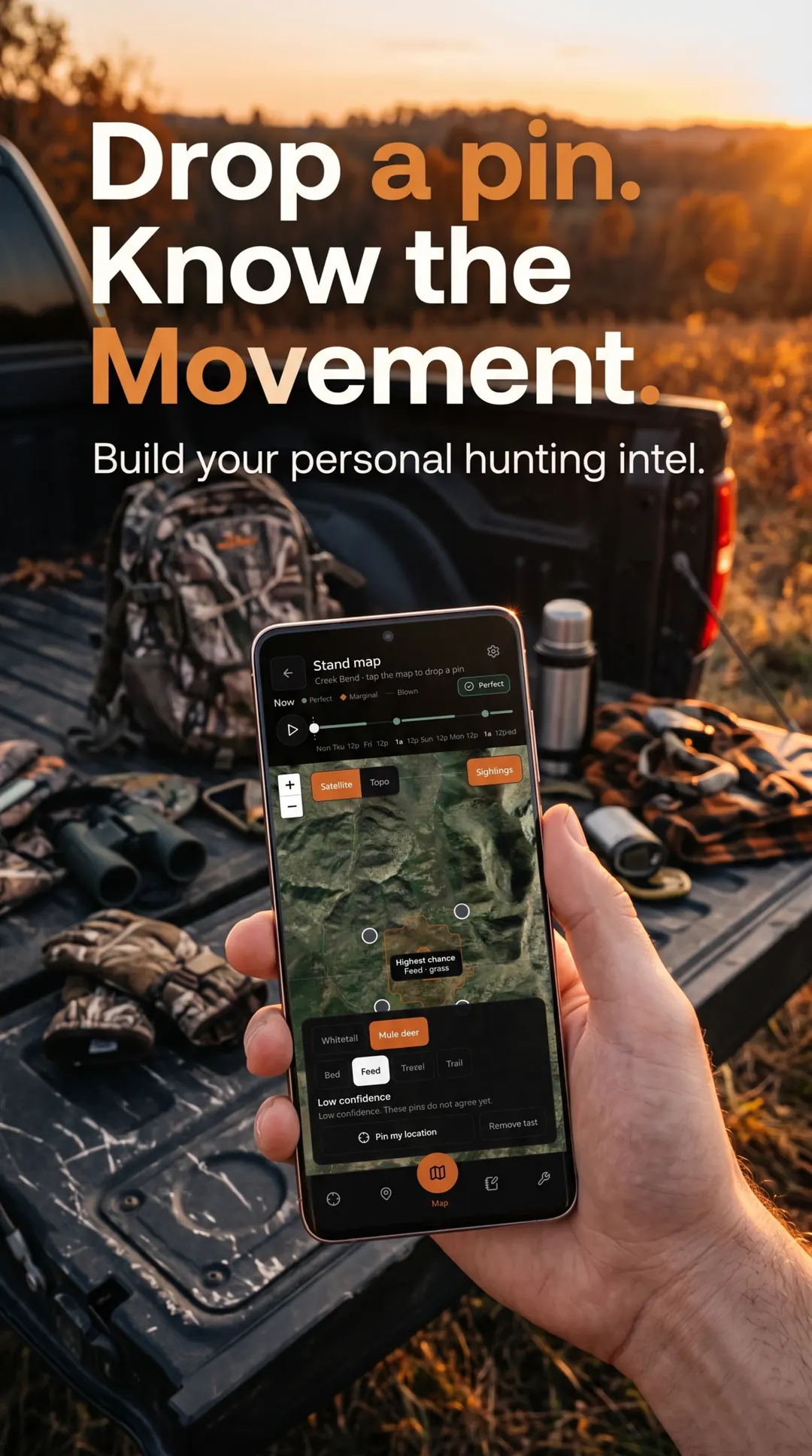 HuntCast stand map at sunset over a tailgate. Scent cone scrubber, satellite map, mule deer feed pins, and a low-confidence movement area.
