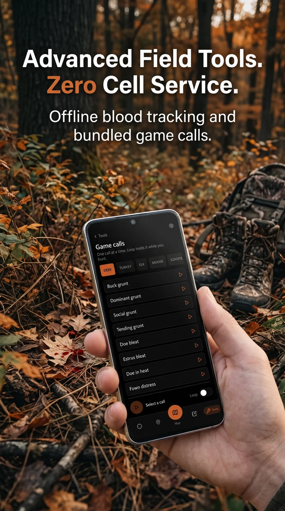 HuntCast game calls in the woods beside a pack and boots. Deer calls listed: buck grunt, dominant grunt, social grunt, tending grunt, and bleats.