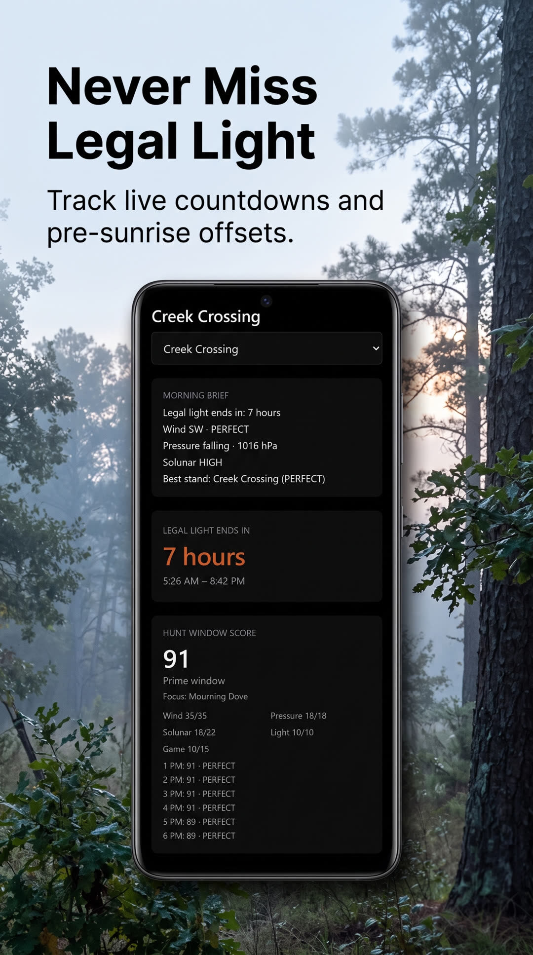 HuntCast legal light countdown and morning brief on the hunt dashboard