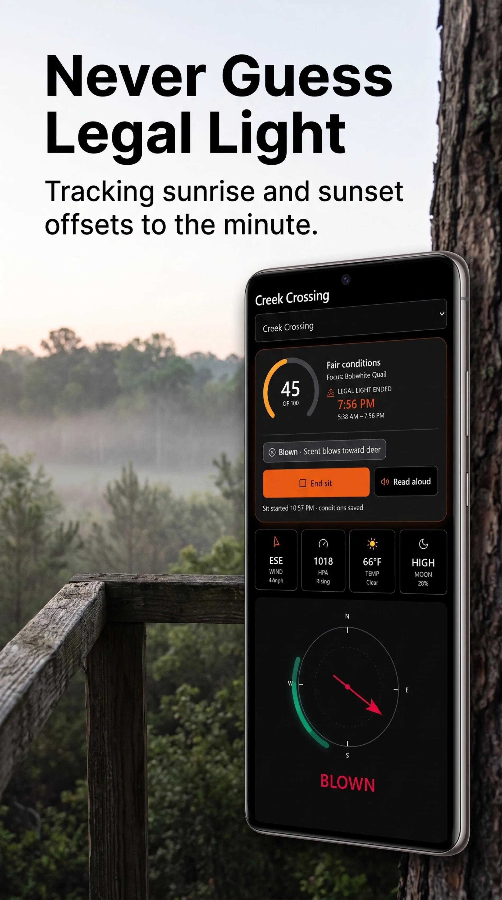 HuntCast legal light countdown, hunt score, and End sit controls on the hunt dashboard