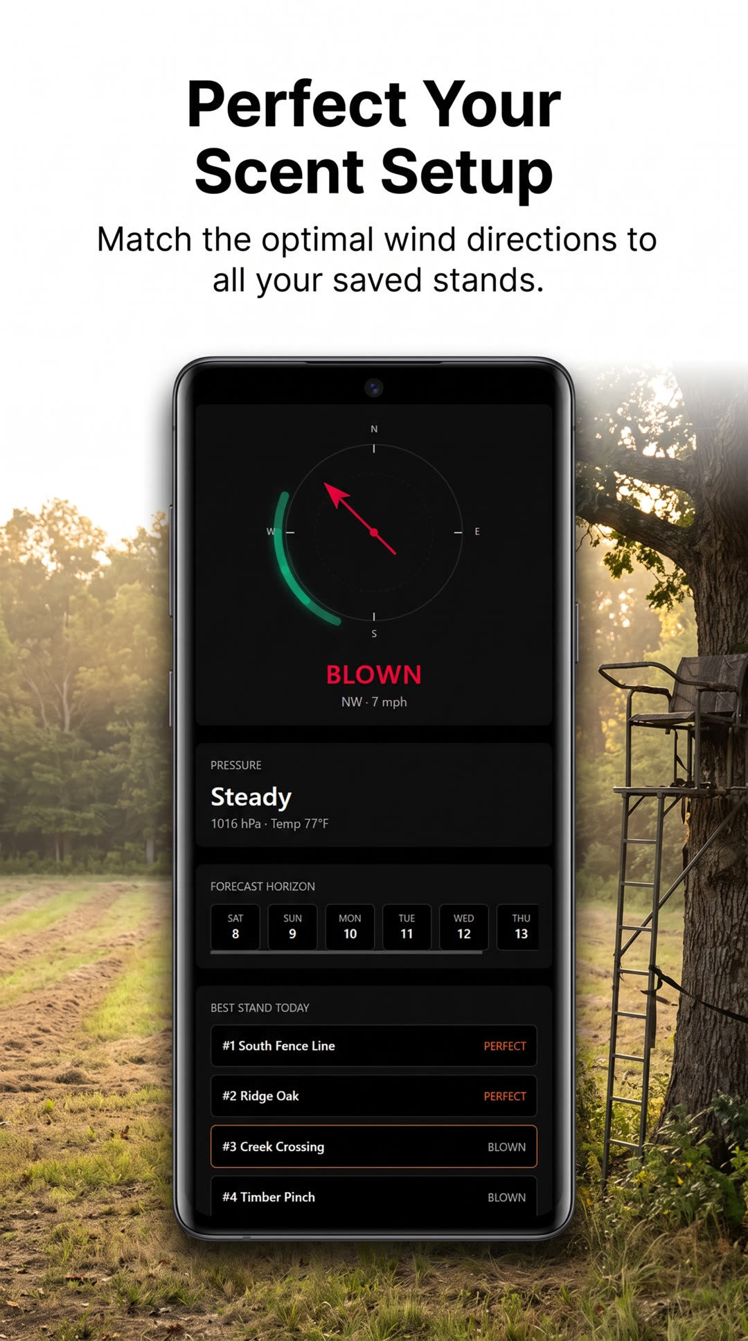 HuntCast wind compass with BLOWN rating and best stand ranking