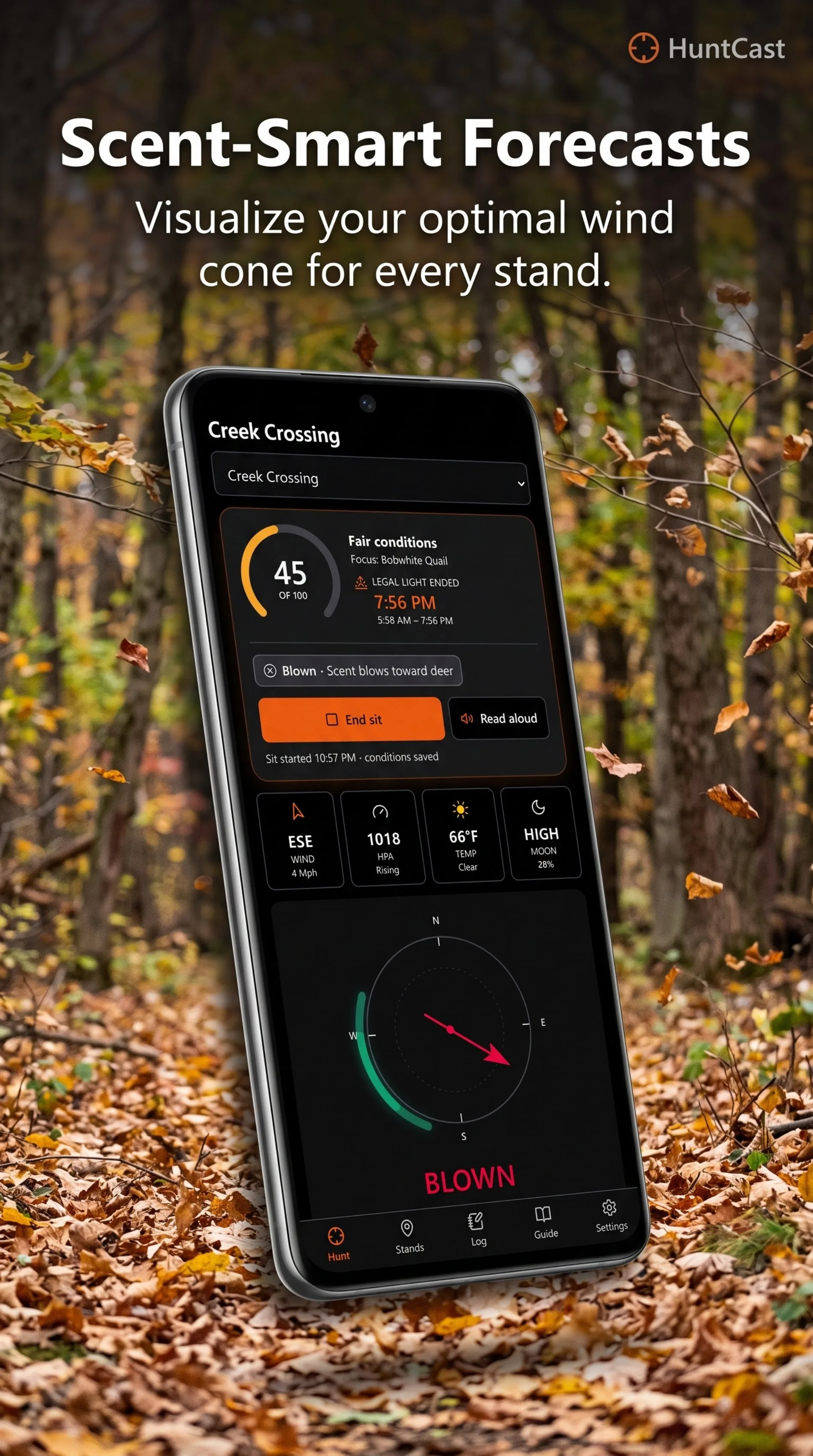 HuntCast wind compass with BLOWN scent rating and stand conditions