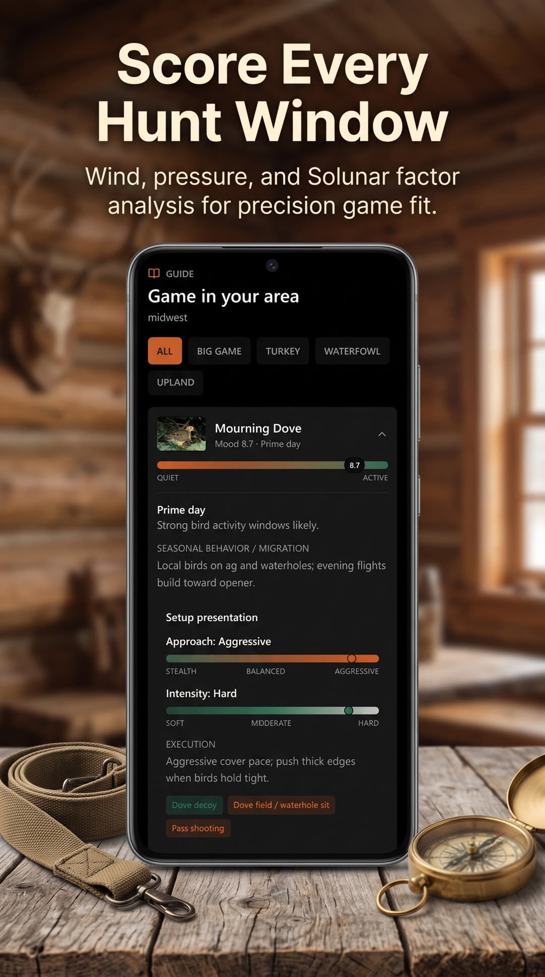HuntCast game guide card with mood score and setup presentation