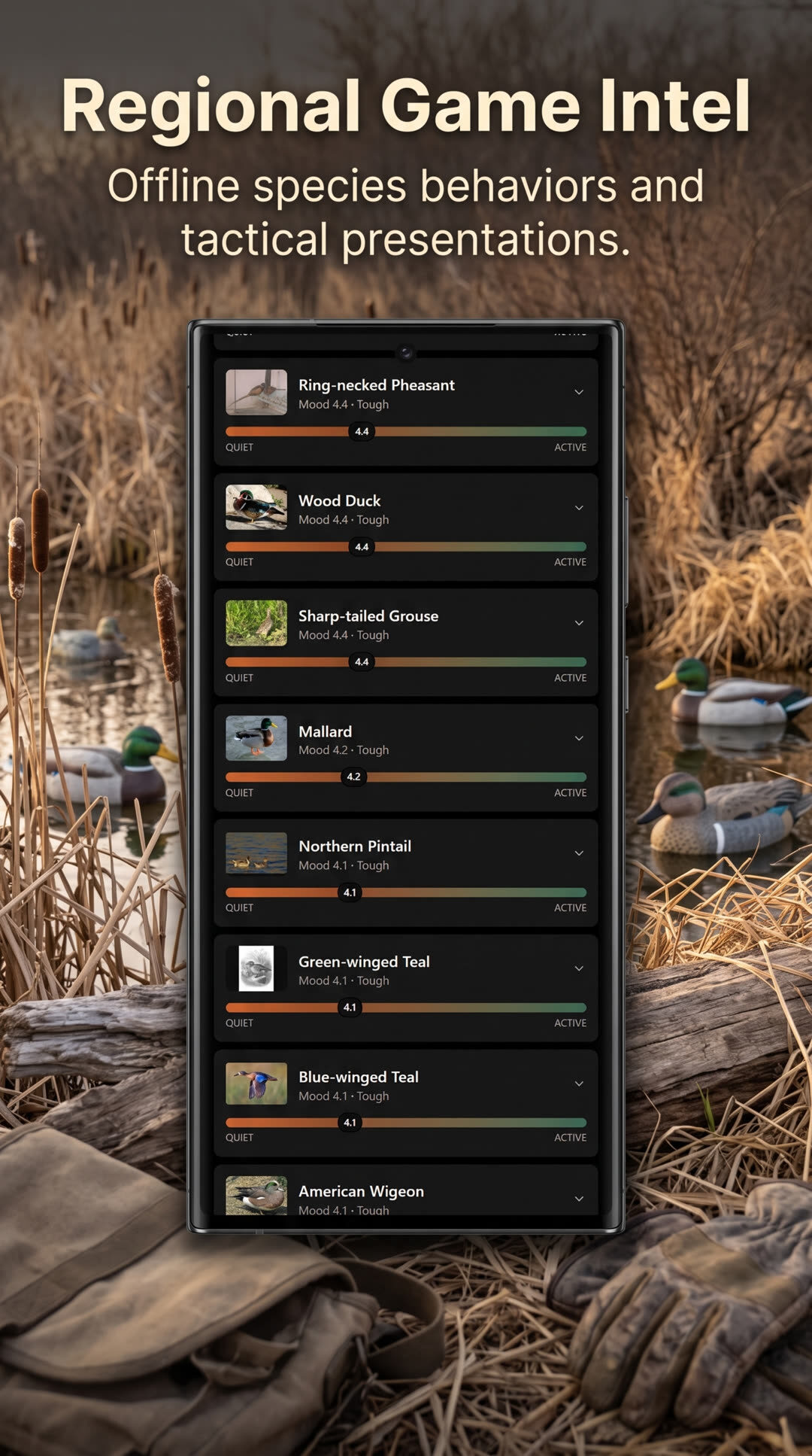 HuntCast regional game intel list with species mood scores