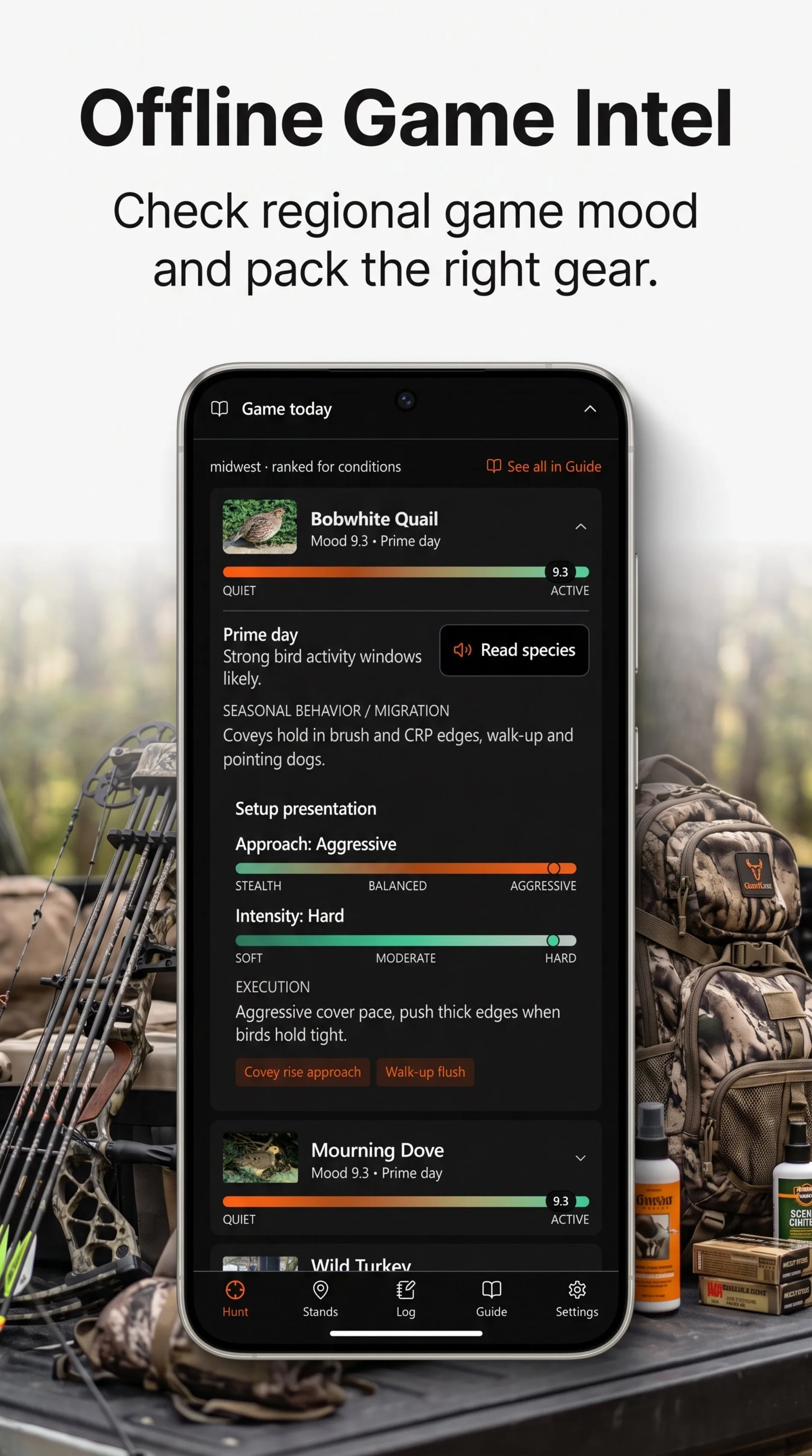 HuntCast Game today card with species mood score and setup presentation