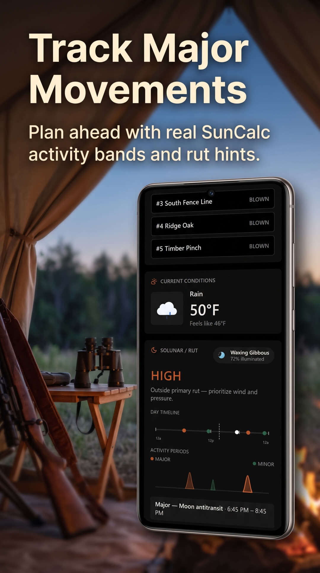 HuntCast Solunar and rut activity bands on the forecast screen