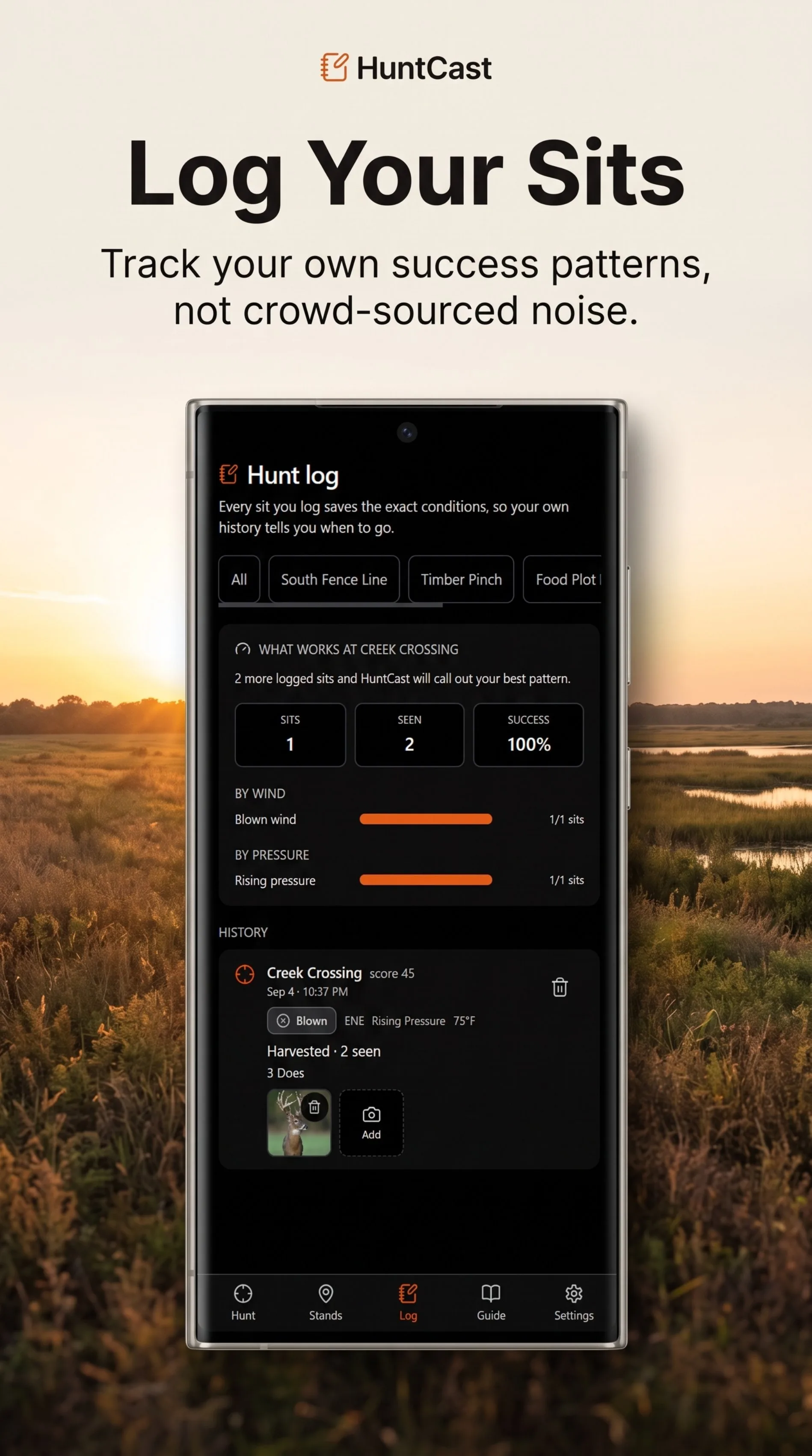 HuntCast hunt log with sit history, wind and pressure success patterns, and photo attachment