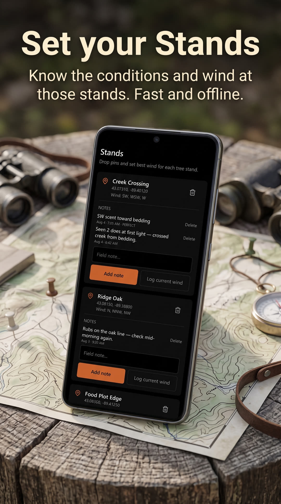 HuntCast stands list with preferred winds and field notes