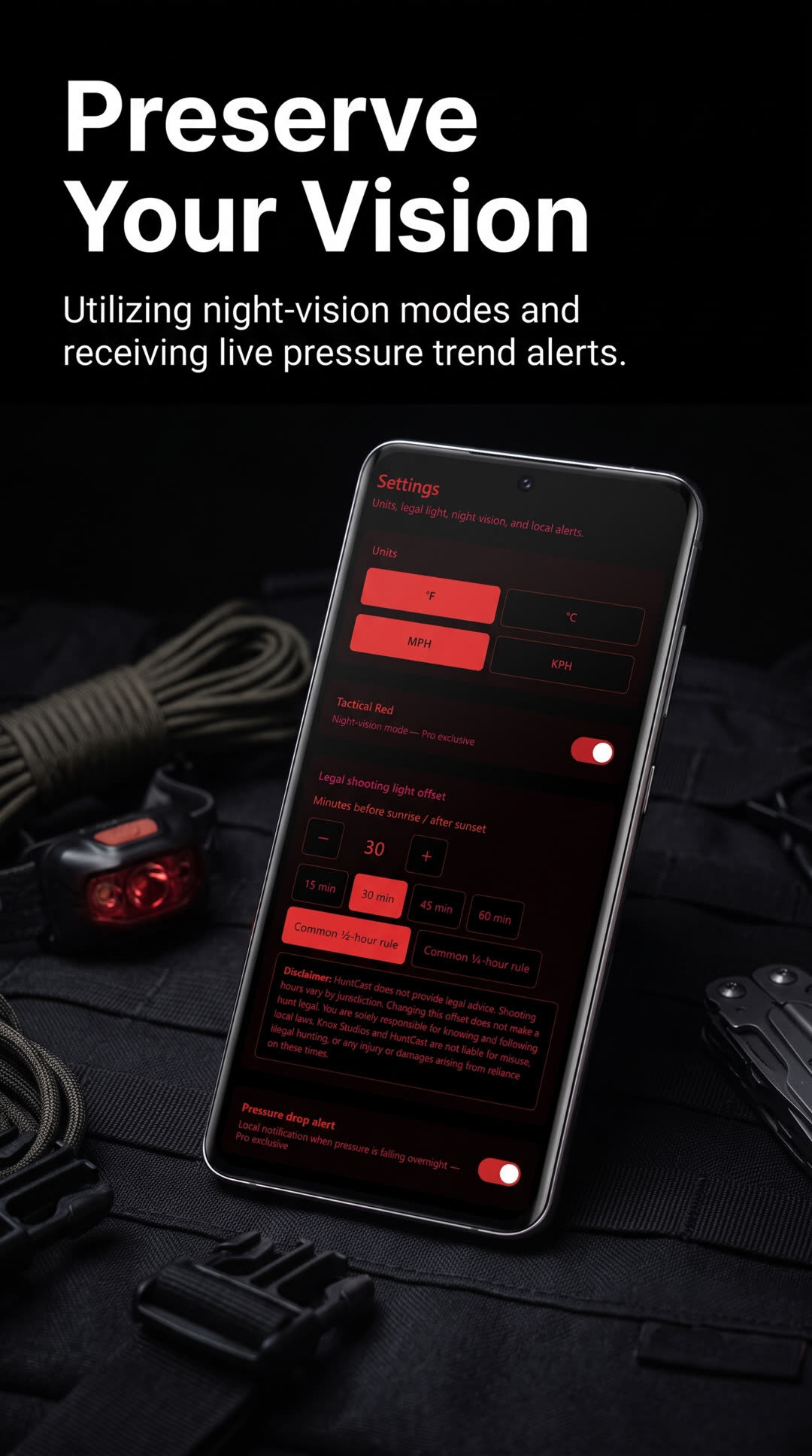 HuntCast Pro Tactical Red settings with night-vision mode and pressure alerts