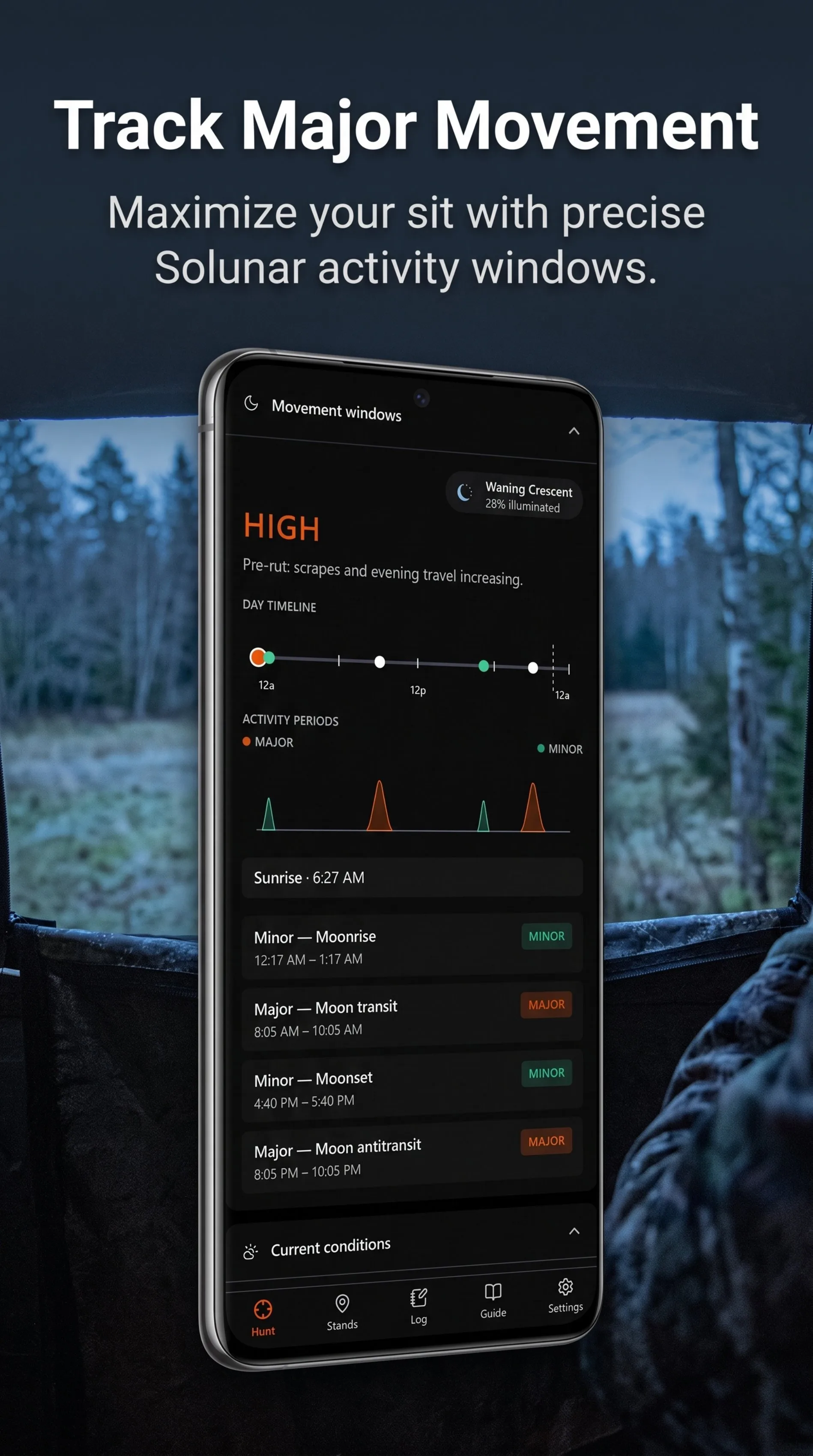 HuntCast Solunar movement windows with major and minor activity bands