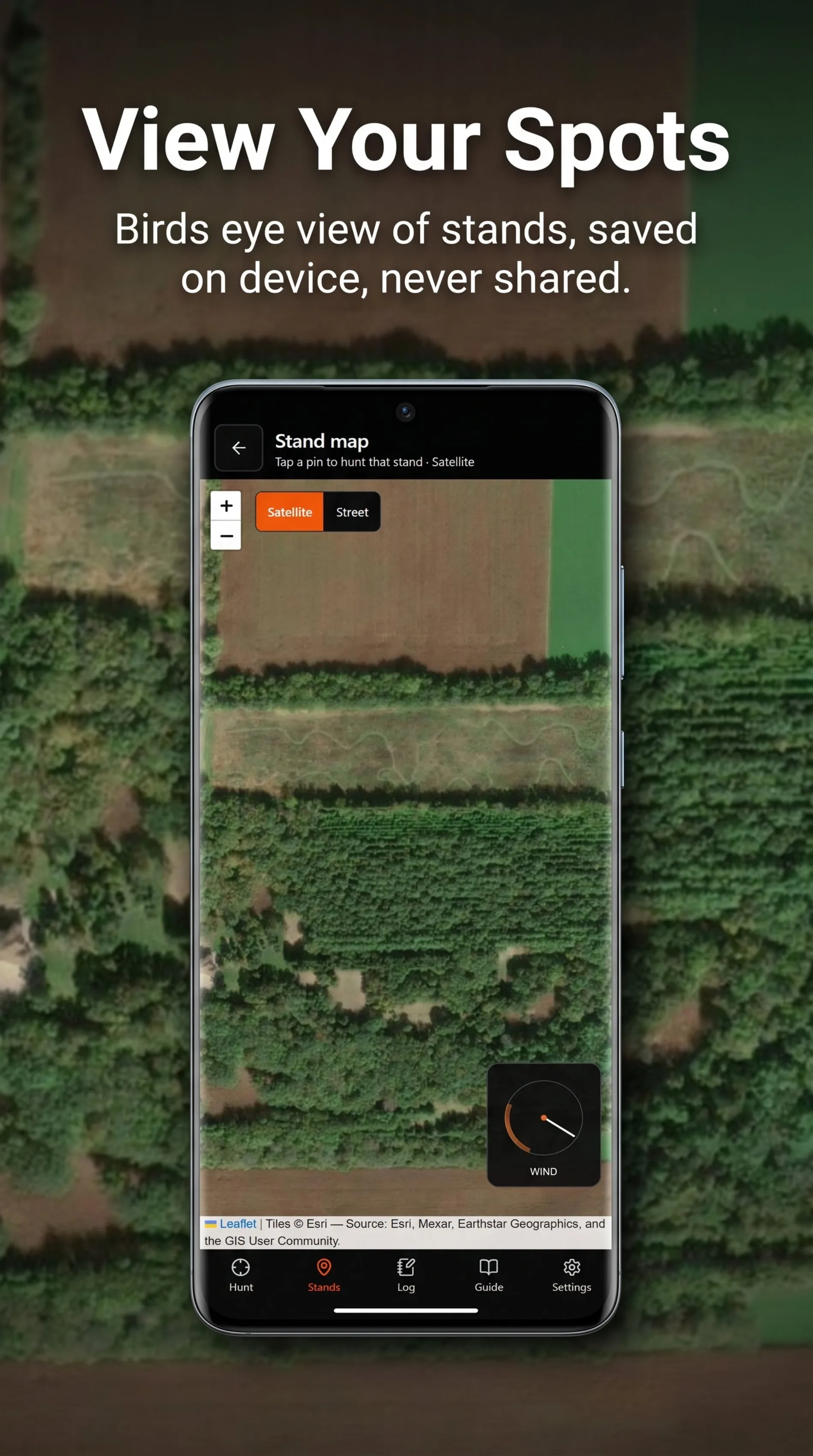 HuntCast stand map with satellite view and wind overlay widget