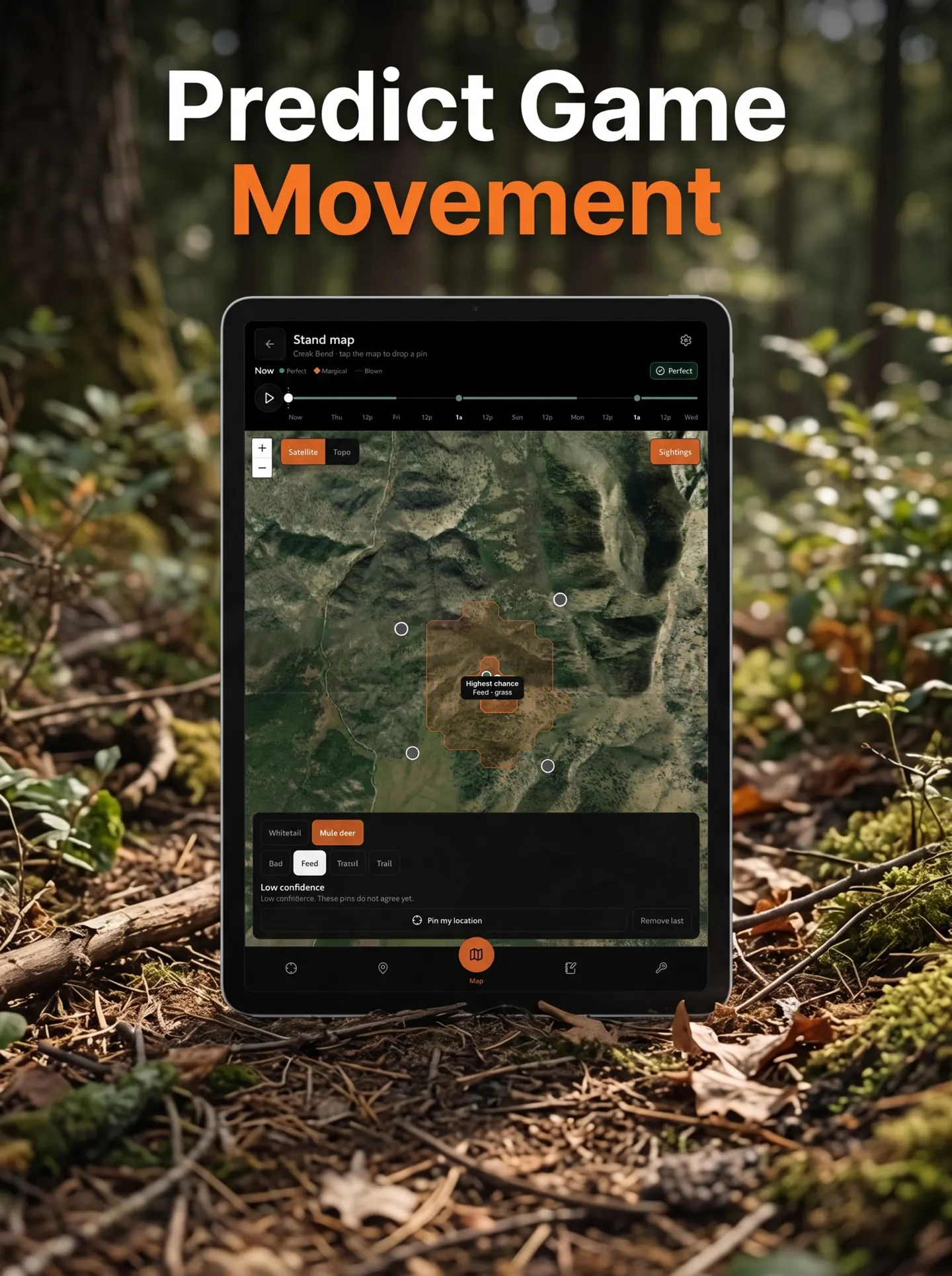 Tablet on the forest floor running the HuntCast stand map. Headline: Predict Game Movement. The map shades a likely area and marks highest chance as mule deer on feed.