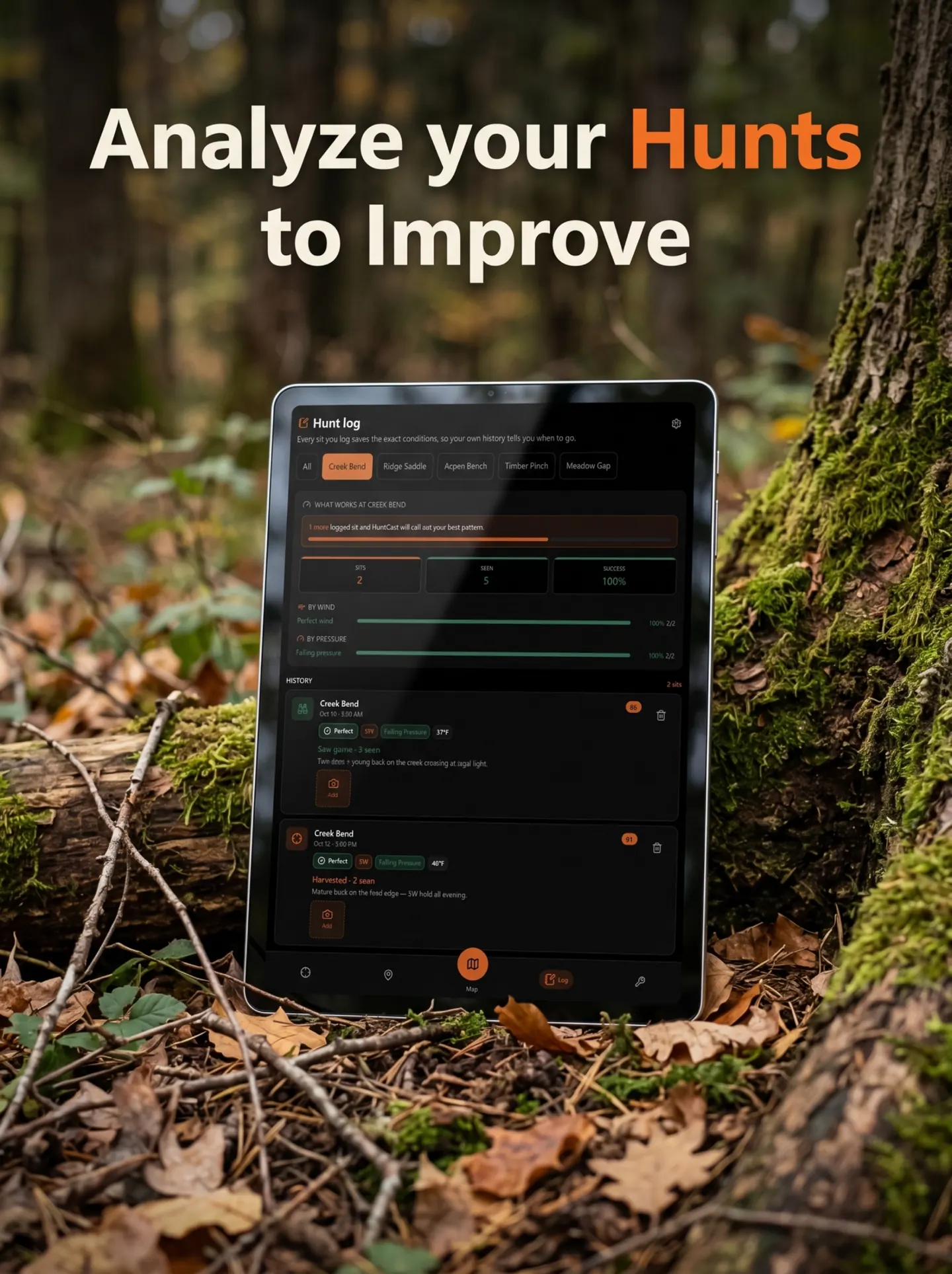 Tablet leaning on a mossy tree running the HuntCast hunt log. Headline: Analyze your Hunts to Improve. Creek Bend shows 2 sits, 5 seen, 100 percent success on perfect wind and falling pressure.